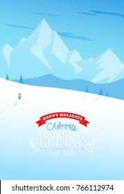 Winter mountain landscape scenery with Santa Claus and Merry Christmas text with pine trees and stars.