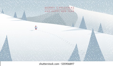 Winter mountain landscape scenery, walking Santa Claus with his bag full of presents in deep snow with pine trees surrounding him and blue sky.