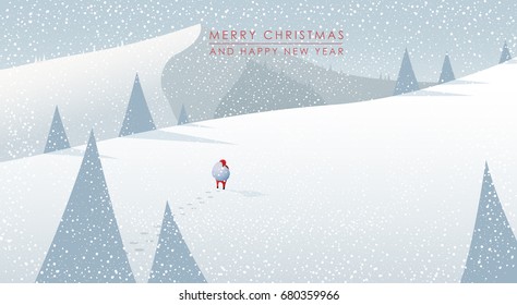 Winter mountain landscape scenery, walking Santa Claus with his bag full of presents in deep snow with pine trees surrounding him and blue sky.