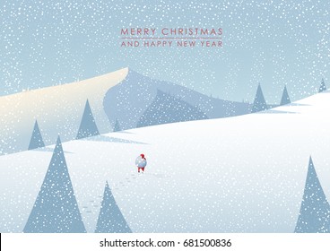 Winter mountain landscape scenery, walking Santa Claus with his bag full of presents in deep snow with pine trees surrounding him and blue sky.