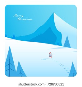 Winter mountain landscape scenery, walking Santa Claus with his bag full of presents in deep snow with pine trees surrounded and blue sky.