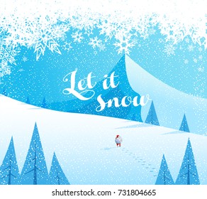 Winter mountain landscape scenery, walking Santa Claus with his bag full of presents in deep snow with pine trees surrounded and blue sky.