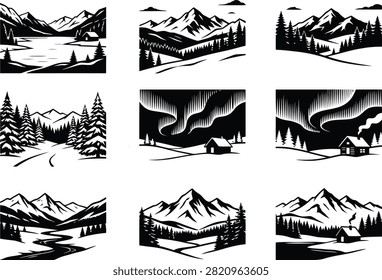 Winter mountain landscape silhouette set with aurora borealis northern lights pine forest lake and wooden cabin black and white vector illustration
