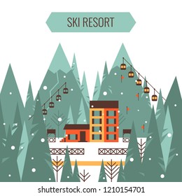 Winter mountain landscape with ski lift, country house, mountains, forest, ski track, winter holiday vacation and skiing concept vector illustration.