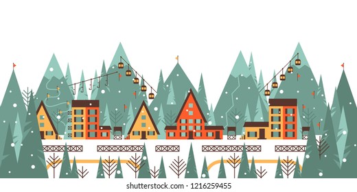 Winter mountain landscape with ski lift, country house, mountains, forest, ski track, winter holiday vacation and skiing concept vector illustration.