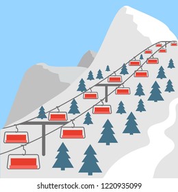 Winter mountain landscape with ski lift against blue sky, winter holiday vacation and skiing concept vector illustration.