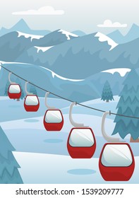 Winter mountain landscape with ski lifts on the slope. Ski resort. Flat vector illustration.