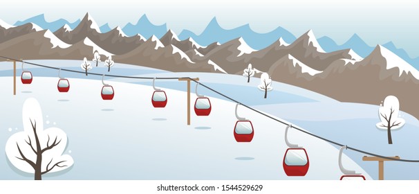 Winter mountain landscape with ski lifts on the slope. Ski resort. Flat vector illustration.