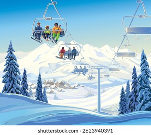 Winter mountain landscape with ski resort, people riding ski lift to the top of ski slope to go skiing. Vector illustration.