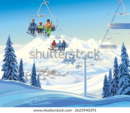 Winter mountain landscape with ski resort, people riding ski lift to the top of ski slope to go skiing. Vector illustration.