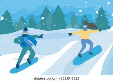 Winter mountain landscape. Ski sport vector illustration with snowy hills, Alps. Winter sports. Skiing and snowboarding