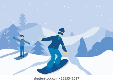 Winter mountain landscape. Ski sport vector illustration with snowy hills, Alps. Winter sports. Skiing and snowboarding