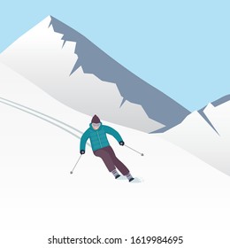 Winter mountain landscape with skier, racing down the slope. Winter sports vacation banner. Vector illustration