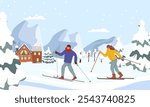 Winter mountain landscape with skiers. Happy man and woman stands with skis with Alps in background. Blue sky, tops of rocks on background. Winter sport activities. Skiing resort. Vector illustration 