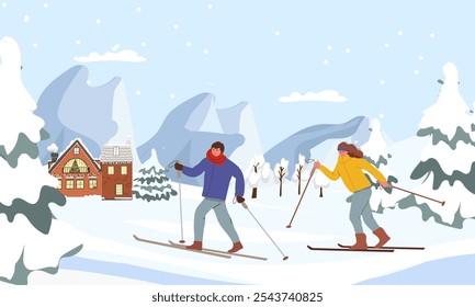 Winter mountain landscape with skiers. Happy man and woman stands with skis with Alps in background. Blue sky, tops of rocks on background. Winter sport activities. Skiing resort. Vector illustration 