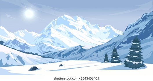 Paisagem de montanha de inverno com neve e árvores perenes. Ilustração vetorial