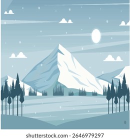 Winter mountain landscape with snow, moon, and trees. Peaceful, minimalist vector art for nature and travel.