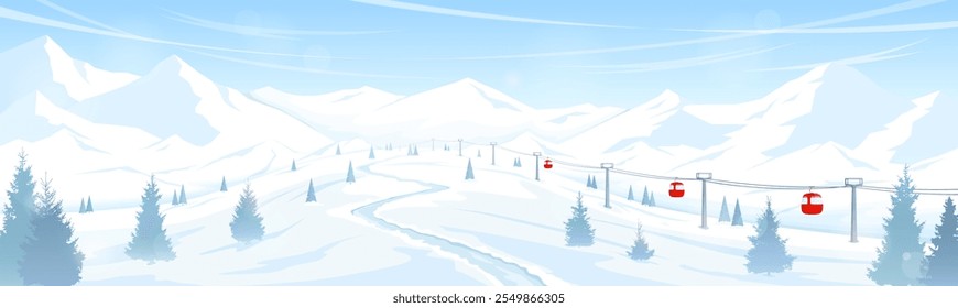 Winter mountain landscape. Snow-covered hills and trees. Ski resort with funicular, ski lift. Concept of winter sports, skiing and snowboarding.