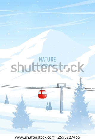 Winter mountain landscape. Snow-covered mountains and trees. Cable car with funicular, ski lift. Concept of winter sports, skiing and snowboarding. Vector illustration. Hand drawn, not AI.