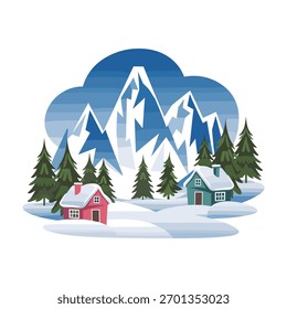 Winter Berglandschaft mit verschneiten Hütten und immergrünen Bäumen