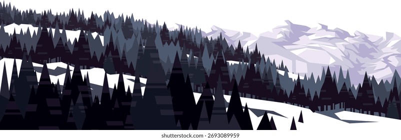 Paisagem de montanha de inverno com floresta nevada e vetor de árvores perene
