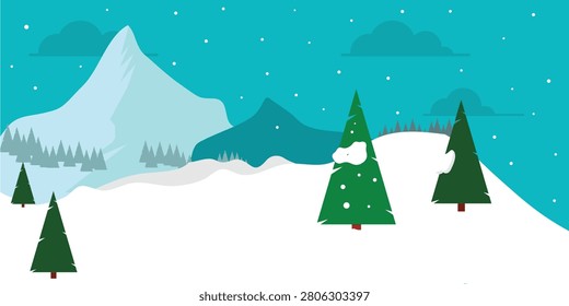 Winter mountain landscape with snowy forest pine trees and seasonal scenery creating peaceful outdoor nature background for holiday designs travel promotions and environmental illustration projects