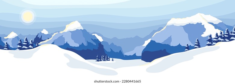 Winter mountain landscape with snowy peaks and steep slopes along the edges. Empty ski resort with wide track slope. Sun rays reflecting from snow. Adventure panoramic background. Vector illustration 