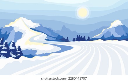 Winter mountain landscape with snowy peaks and steep slopes along the edges. Empty ski resort with wide track slope. Sun rays reflecting from snow. Adventure panoramic background. Vector illustration 