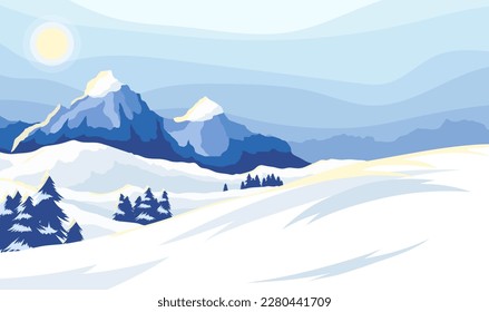 Winter mountain landscape with snowy peaks and steep slopes along the edges. Empty ski resort with wide track slope. Sun rays reflecting from snow. Adventure panoramic background. Vector illustration 