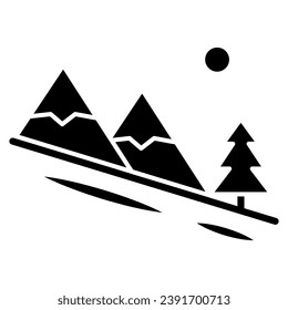 Winterlandschaft Feste Ikone, Weltsnowboard-Tageskonzept, Abstieg aus dem Bergschild auf weißem Hintergrund, Skisportsymbol im Glyph-Stil für Mobil- und Web. Vektorgrafik