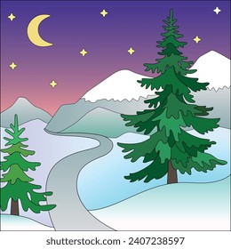 Winter mountain landscape with spruce trees in snowdrifts. Moonlit night in snowy mountains - vector full-color image. Square illustration with trees and mountain road