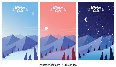 Winter mountain landscape at sunrise, sunset and night. Winter Sale Season banners set template vector illustration