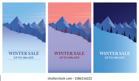 Winter mountain landscape at sunrise, sunset and night. Winter Sale Season banners set template vector illustration