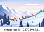 Winter mountain landscape. Vector illustration of sunset in the ski resort with snowy hill, field, slope, forest, village, hotel, houses. Outdoor holiday activity. Not produced with any AI software.