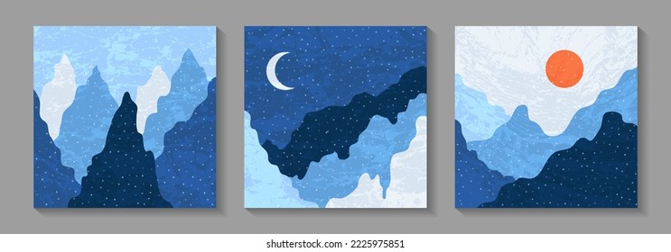 Winter mountain landscape vector illustration set with moon, red sun. Blue mountain landscape with snowflakes flying vector collection. Snow hillsm blue winter scenes. Travel banner backgrounds.