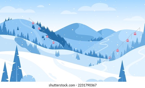 Winter mountain landscape. Vector illustration of ski resort with snowy hill, slope, funicular, ski lift. Outdoor holiday activity in Alps. Winter sport. Skiing and snowboarding. Active weekend