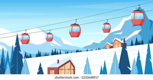 Winter mountain landscape. Vector illustration of ski resort with snowy hill, slope, hotels, ski lift. Outdoor holiday activity in Alps. Winter sport. Skiing and snowboarding. Active vacation weekend
