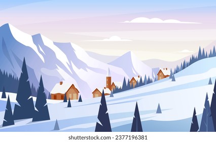 Wintergebirgslandschaft. Vektorgrafik von Sonnenuntergang im Skigebiet mit schneebedecktem Hügel, Feld, Hang, Wald, Dorf, Hotel, Häuser. Aktivitäten im Freien. Nicht mit AI-Software hergestellt.