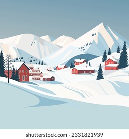 Paisaje de montaña invernal del pueblo para esquiadores y turismo de invierno naturaleza y viajes. Ilustraciones vectoriales para un afiche, portada o fondo