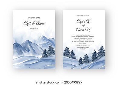 Winter mountain landscape watercolor wedding invitation