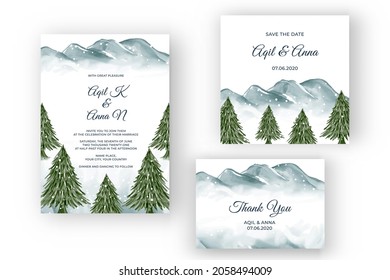 Winter Mountain Landscape Watercolor Wedding Invitation