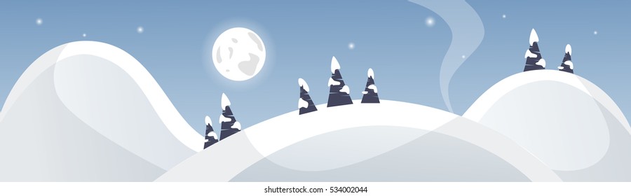 Winter Mountain Landscape White Snow Banner Flat Vector Illustration