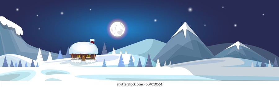 Winter Mountain Landscape White Snow Banner Flat Vector Illustration