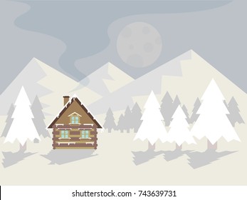 Winter mountain landscape with wooden cottage in forest