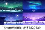 Winter mountain landscapes. Mountains and forest, trees in snow drifts, aurora borealis, a house near the mountains, a snowy valley. Drawings for poster, background or cover. Vector illustrations. 