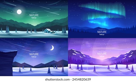 Winter mountain landscapes. Mountains and forest, trees in snow drifts, aurora borealis, a house near the mountains, a snowy valley. Drawings for poster, background or cover. Vector illustrations. 