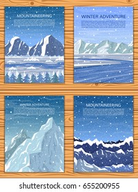 Winter mountain landscapes set. Climbing, trekking or travelling banner or cover collection. Vector illustration.