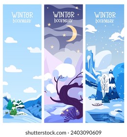 Winter Mountain landscapes vertical banner or bookmark set vector with snowy pastoral nature scenery illustration. Seasonal template design