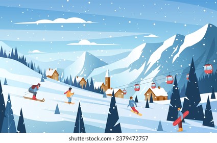 Winter mountain landscape.Vector illustration of ski resort with snowy hill, funicular, ski lift, skier, snowboard riders, field, forest. Skiing and snowboarding sport. Not produced with  AI software
