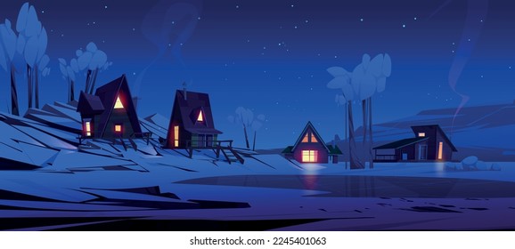 Winter mountain night landscape with chalet houses, snow, frozen lake and trees. Small wooden cottages with yellow light in windows in alpine village or ski resort, vector cartoon illustration